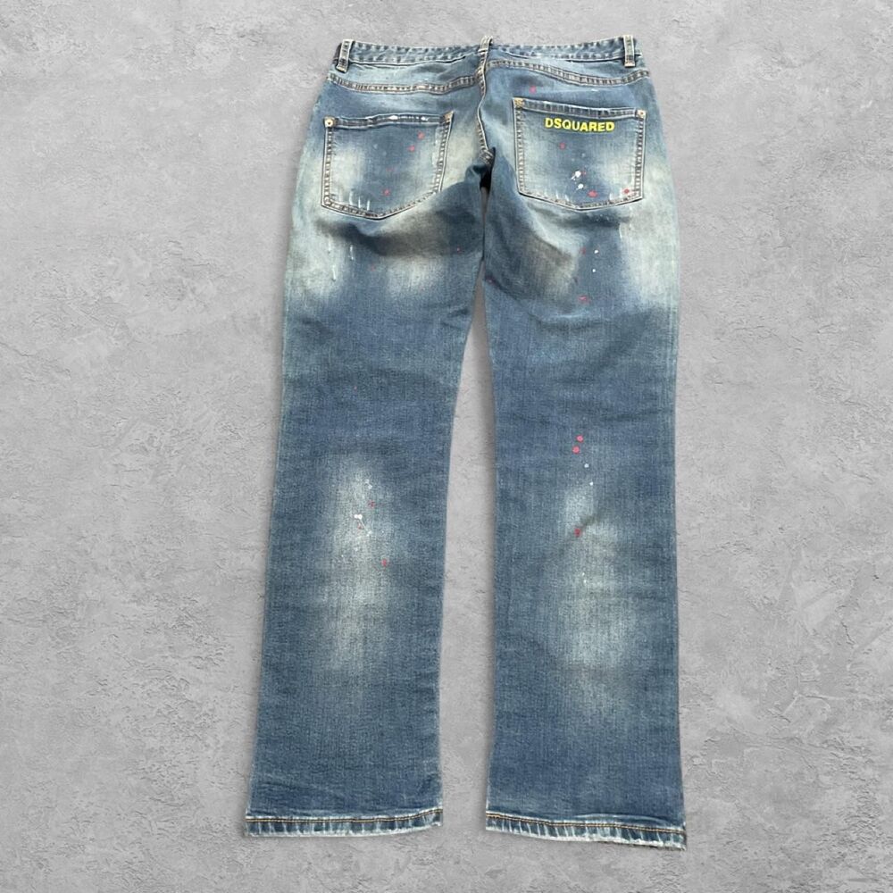 Dsquared2 Blue Distressed Paint Splatter Straight Jeans US 32 Made In Italy